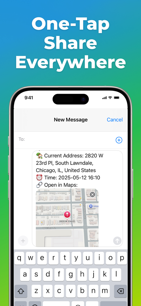 iPhone screen displaying the one tap location sharing feature via a text message with a map and address