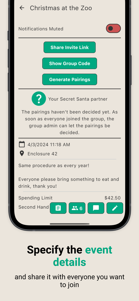 Smartphone screen of the Secret Santa Helper app showing group details for a Christmas gift exchange including event location date and spending limit
