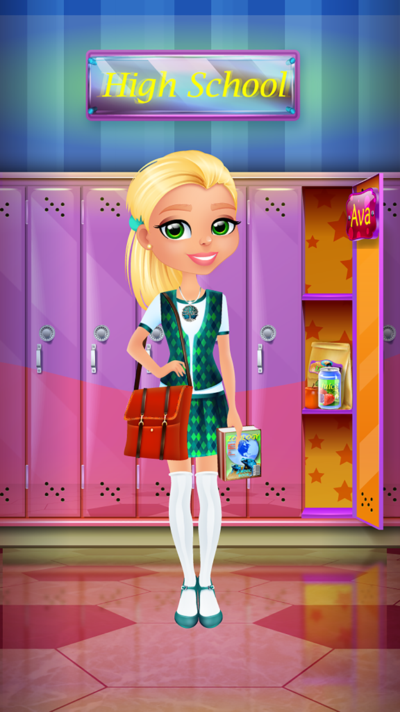 Ava Grows Up - Makeup, Makeover, Dressup Girl Game - Ava character in her high school uniform standing by purple lockers holding a textbook
