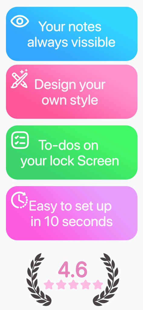 Lock Screen Note - Widget - A summary of app features including custom styles and quick lock screen setup with a four point six star rating