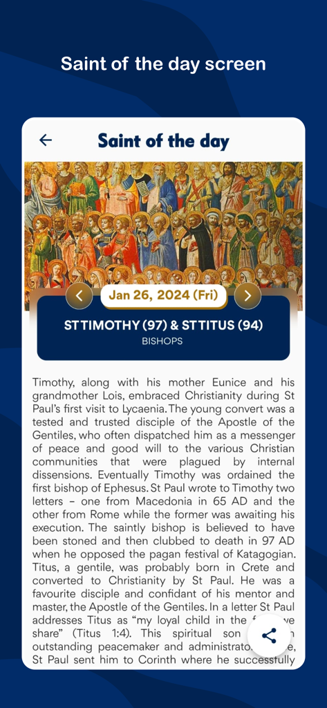 Catholic Connect - A screen from the Catholic Connect app displaying information about the Saint of the Day.