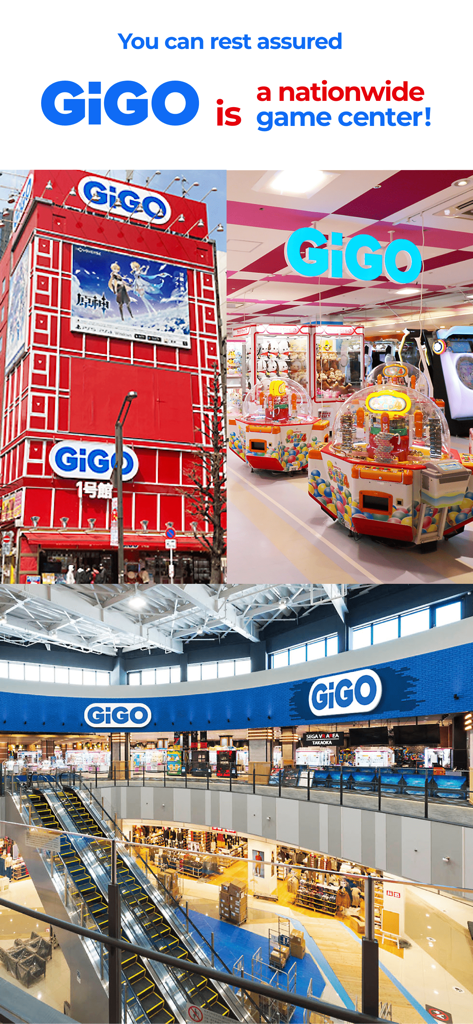 GiGO ONLINE CRANE ギゴクレ - Collage of GiGO game center building exteriors and arcade interiors in Japan with crane machines