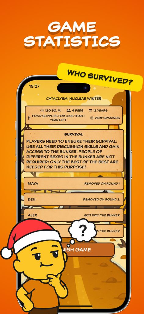 Bunker Board app showing game statistics and player results for a nuclear winter survival scenario.