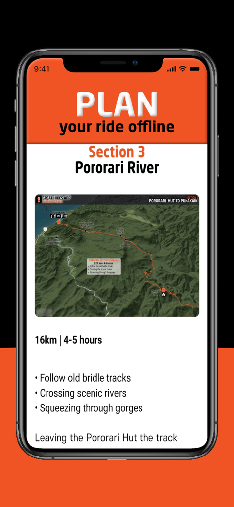 Great Rides app interface showing offline trail planning for the Pororari River section with a 3D map and ride details