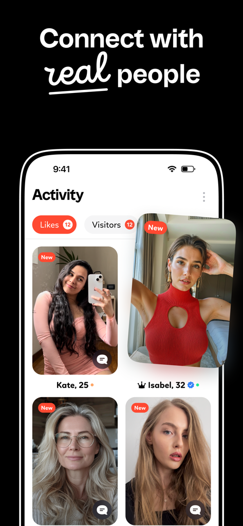 Kismia Dating - Meet Singles - Interfaz de la app de citas Kismia mostrando actividad del usuario y perfiles bajo el titular Conecta con gente real