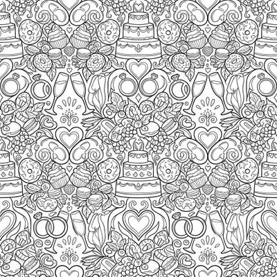 Immerse yourself in a delightful celebration of love with this intricate wedding food tessellations coloring page. Featuring beautifully interwoven cakes, rings, and sweet treats, it offers a sweet challenge for colorists of all levels.