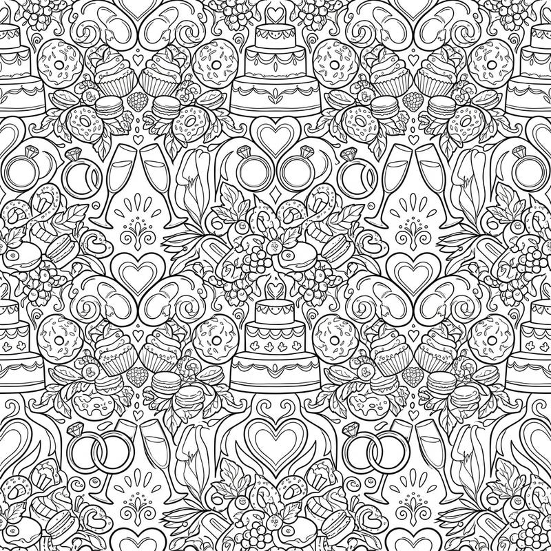 Immerse yourself in a delightful celebration of love with this intricate wedding food tessellations coloring page. Featuring beautifully interwoven cakes, rings, and sweet treats, it offers a sweet challenge for colorists of all levels.