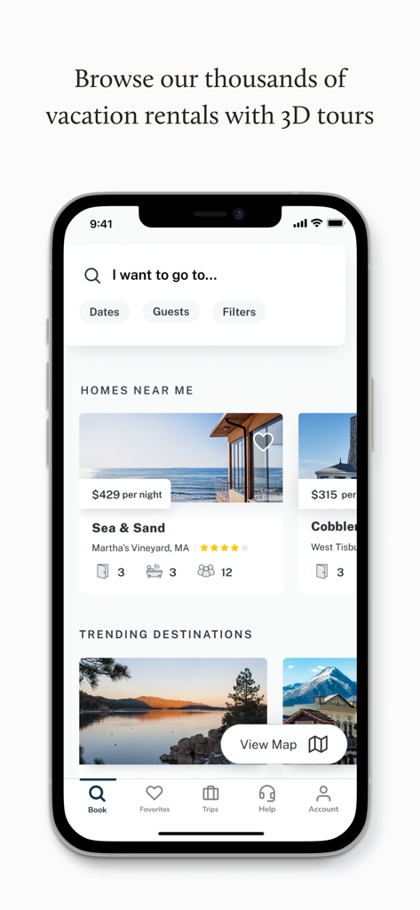 Vacasa - Vacation Rentals - Vacasa mobile app interface showing a search bar and professional vacation rental listings with pricing and amenities