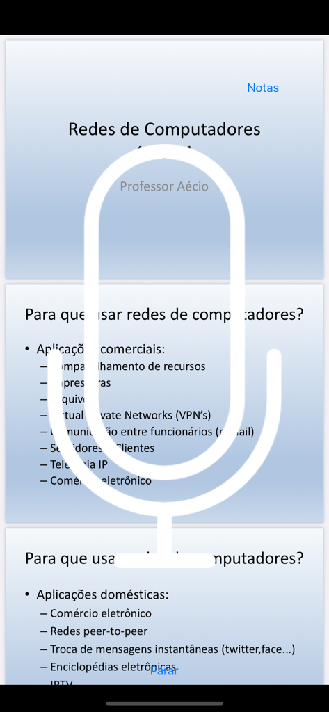 Curso de Redes - Oberfläche der App Curso de Redes, die Lernfolien auf Portugiesisch über Computernetzwerke mit einer Aufnahmeüberlagerung zeigt.