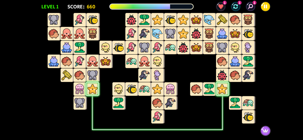 Onet Connect Animal - Classic - Écran de jeu d'Onet Connect Animal montrant des puces d'animaux colorées sur un fond noir avec une ligne de connexion entre deux étoiles de mer.