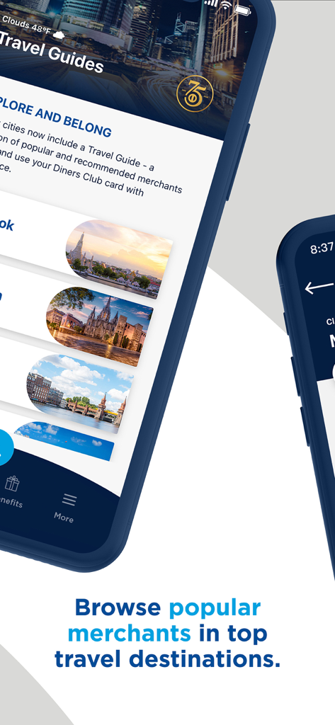 Diners Club International app screen showing travel guides for global destinations and merchants.