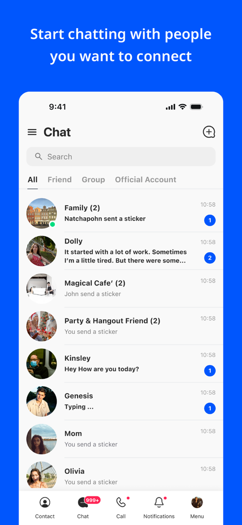UChat - Messenger - UChat Messenger app showing a list of active private and group chat conversations with a clean minimalist user interface