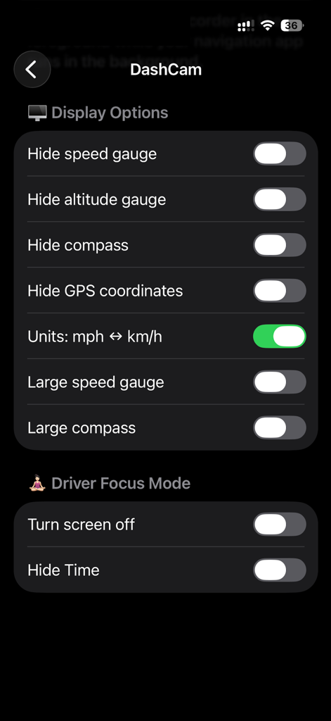 Settings screen of DashCam Recorder app showing display options and driver focus mode toggles