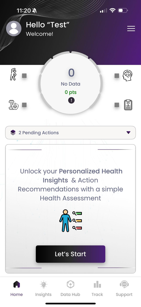 Health.IQ - Health.IQ mobile app home screen featuring a personalized health assessment prompt and data tracking dashboard.