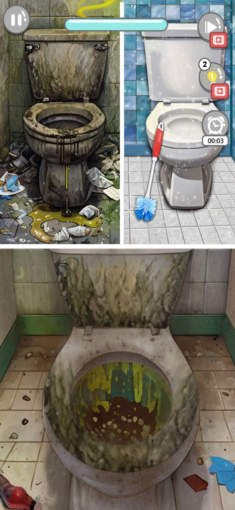 Comparación lado a lado de un inodoro sucio antes y después de la limpieza en un juego móvil ASMR