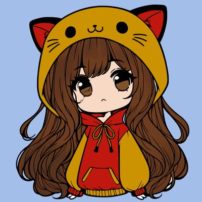 a cute chibi girl with a oversized cat hoodie and long hair