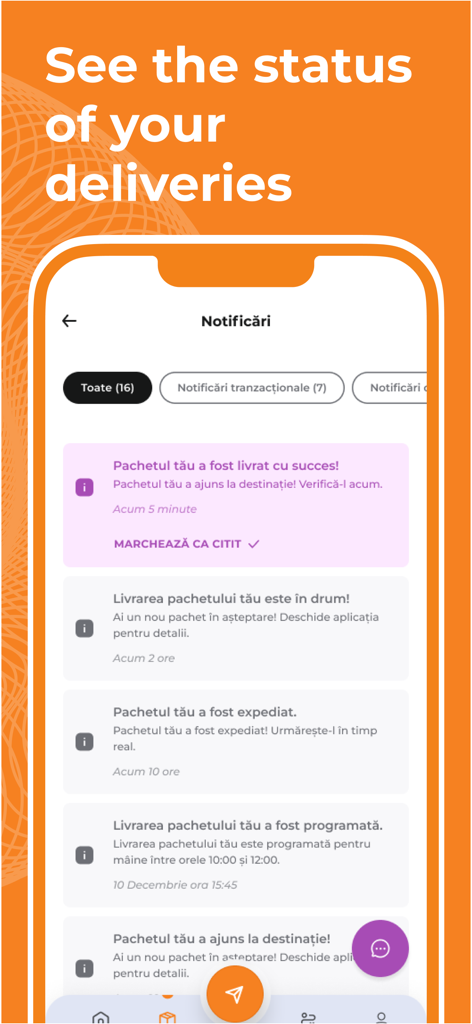 Cargus Mobile - Cargus Mobile app interface showing delivery status notifications for tracked parcels.