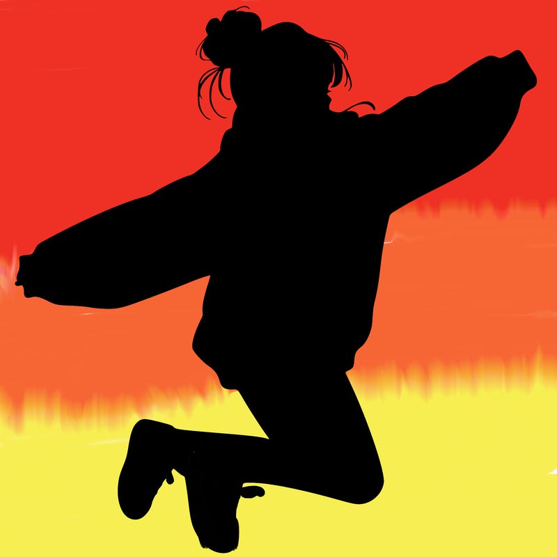realistic girl jumping with a bun and oversized sweatshirt