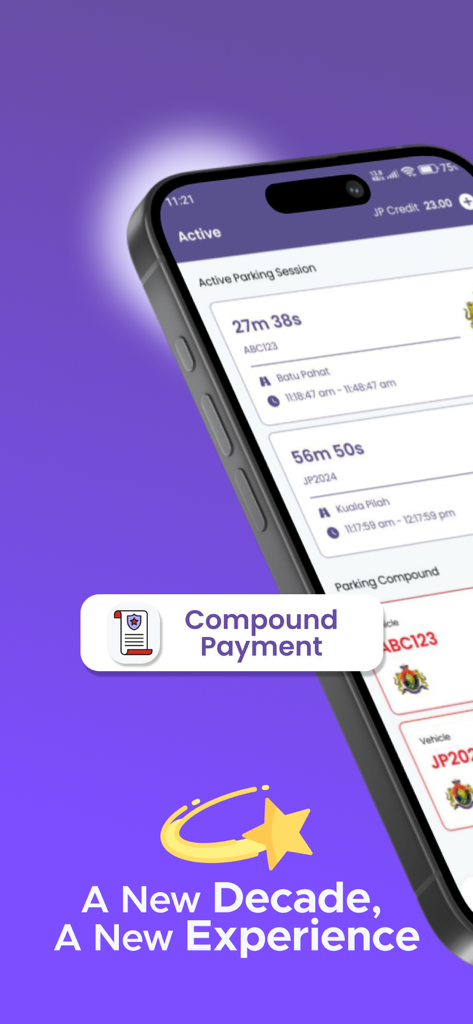 Interfaz de la aplicación JomParking mostrando temporizadores de sesión de estacionamiento activa y una función de pago de multas.