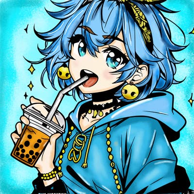 hot baddie anime girl drinking boba and biting the straw