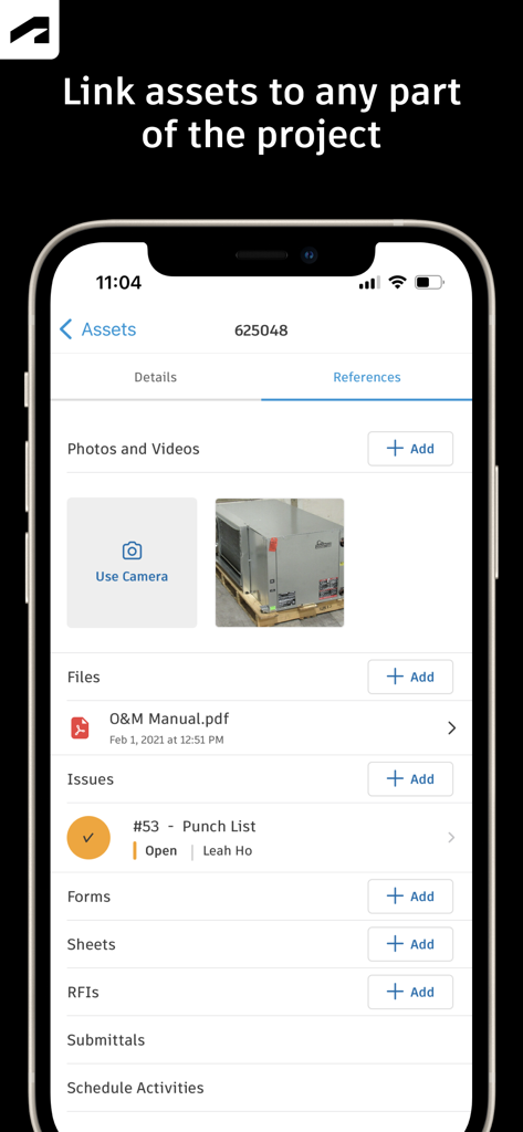 Autodesk Construction Cloud - Autodesk Construction Cloud mobile app screen showing asset references including photos files and punch list issues