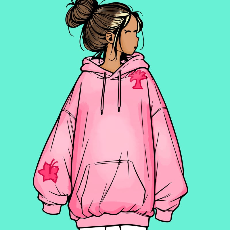 realistic girl with a oversized sweatshirt on and a bun