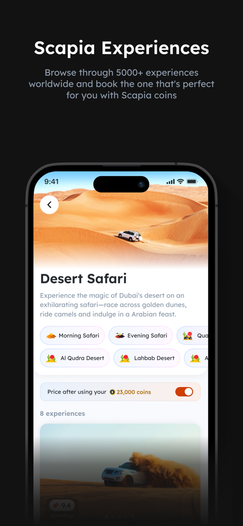 Scapia: A card for travellers - Scapia app screen showing desert safari experience booking options with reward coins toggle