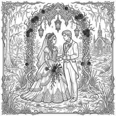 Step into a world of shadowed romance with this unique Gothic wedding coloring page, beautifully set amidst mysterious wetlands. Discover intricate details and elegant attire as you bring this melancholic celebration to vibrant life.