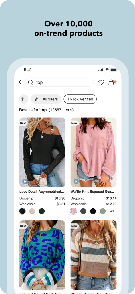 Trendsi app interface showing search results for fashion tops with dropshipping and wholesale pricing