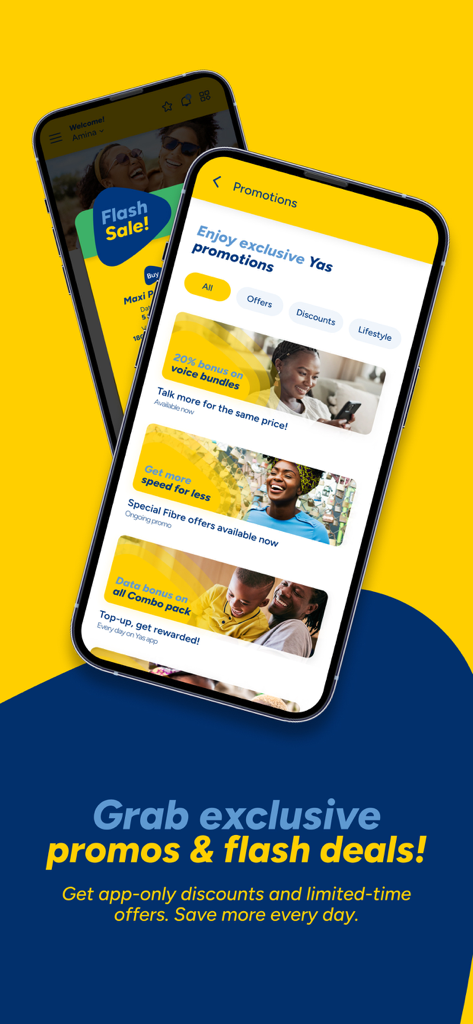 Mobile app interface of Yas App showing exclusive promotions and flash deals for mobile data and voice bundles.