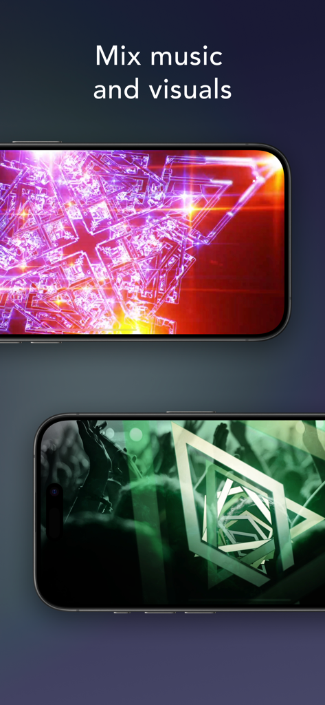 Two iPhones displaying vibrant music and visual mixing effects in the djay app