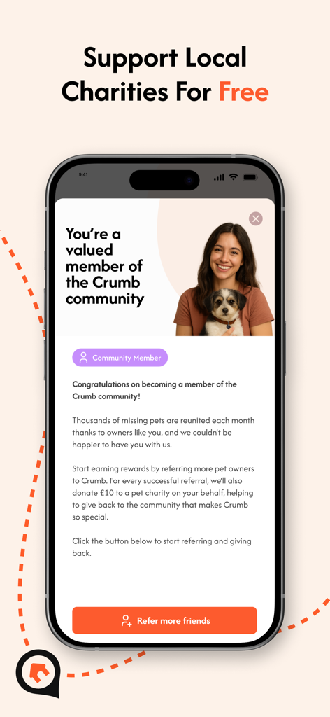 Crumb app screen showing how users can support local pet charities for free by referring friends