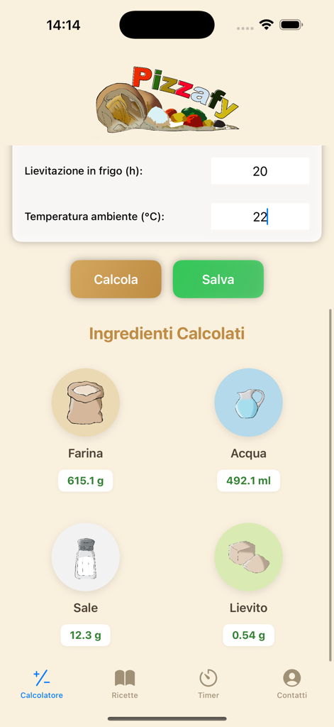 Interfaz de la aplicación Pizzafy que muestra los pesos calculados para los ingredientes de la masa de pizza, incluida la harina, el agua, la sal y la levadura