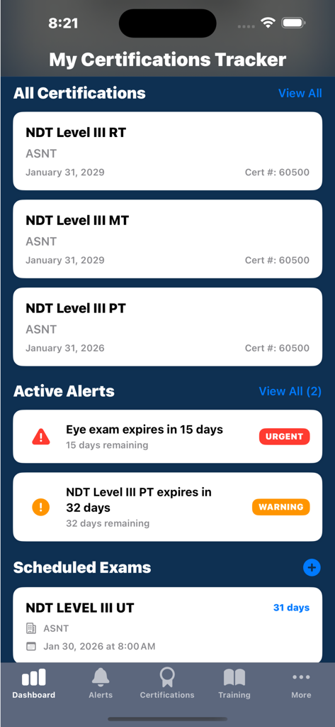 Dashboard of the My Certification Tracker app displaying professional credentials and urgent renewal alerts for exams.