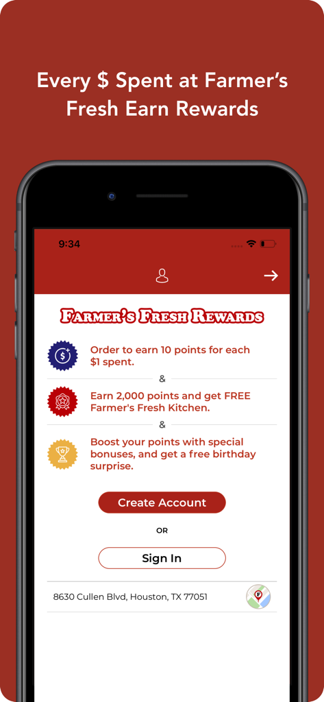 Farmer's Fresh Kitchen - Farmers Fresh Kitchen app rewards page showing point system details and sign in options
