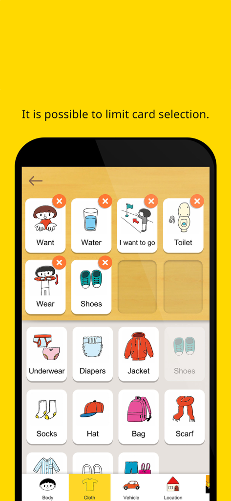 Card Talk - Card Talkアプリでの子供向けコミュニケーションカード選択の制限とカスタマイズ方法を示すインターフェース。