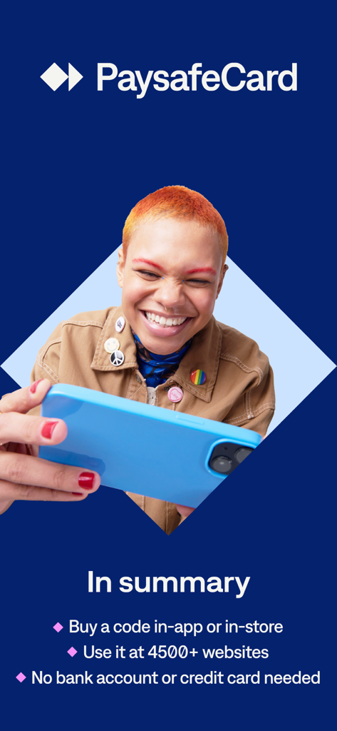 PaysafeCard - prepaid payments - 笑顔の若いユーザーと、銀行口座不要などの主な利点を特徴とするPaysafeCardアプリの概要画面