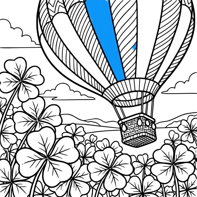 a hot air balloon flying over a field of four-leaf clovers