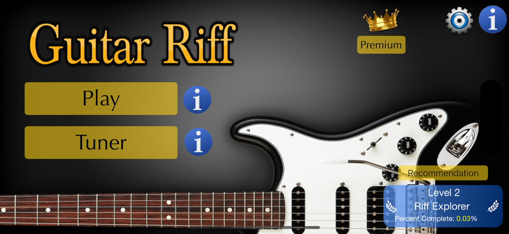 Guitar Riff - Play by Ear - Menú principal de la aplicación Guitar Riff que muestra los botones Tocar y Afinador sobre un gráfico de guitarra eléctrica