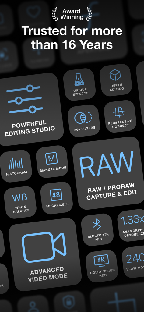 ProCamera. Professional Camera - A grid of professional features for ProCamera app including RAW capture and manual controls