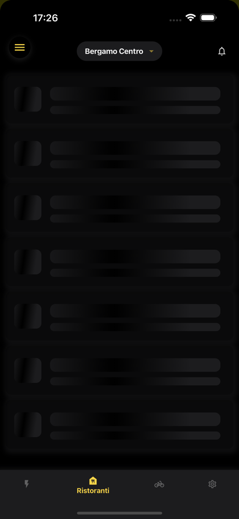 Flash Manager - Flash Manager mobile app showing the restaurant management screen in dark mode with a list of food outlets