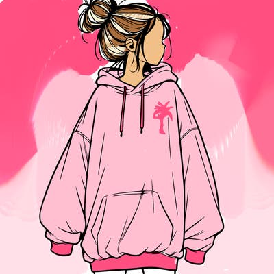 realistic girl with a oversized sweatshirt on and a bun