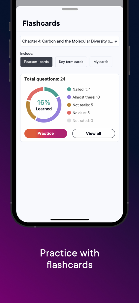 Pearson+ | Study Prep & eTexts - Pantalla de progreso de estudio de tarjetas de memoria en la aplicación Pearson plus