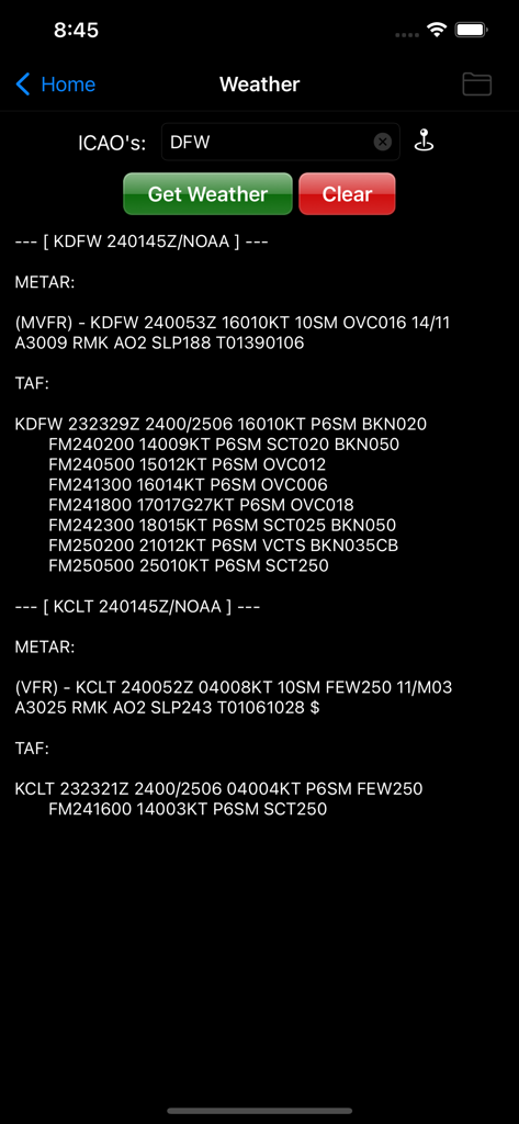 Logbook Pro app weather screen displaying METAR and TAF reports for pilots