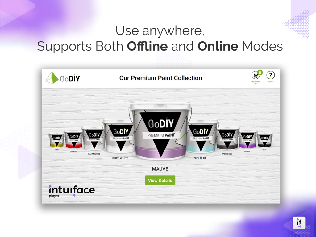 Intuiface Player interface demonstrating offline and online mode support with a retail paint collection demo