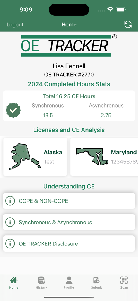 OE TRACKER attendance app - OE TRACKER app home screen displaying continuing education hours and state license status