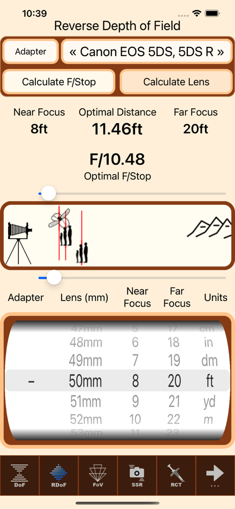 Interface of SetMyCameraDF app showing the reverse depth of field calculator with camera settings and distance wheel.