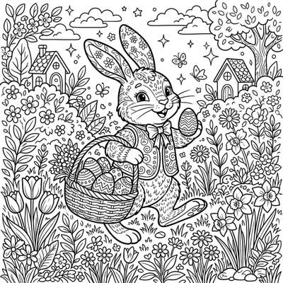Discover a charming Easter Bunny coloring page, ready to bring festive joy to your day. This intricate design features our favorite folklore character carrying a basket of beautifully decorated eggs amidst a lively spring landscape.