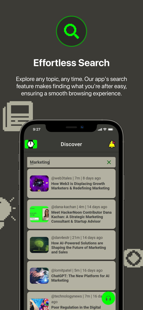 HackerNoon app screen showing the effortless search feature with technical articles