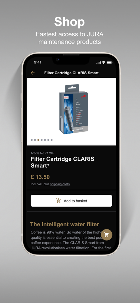 The J.O.E. app shop interface displaying a JURA Claris Smart water filter cartridge for purchase